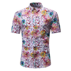 Men's Button down Tailor Fit Soft 100% Cotton Short Sleeve Dress Shirt White Floral check casual And Formal - Amedeo Exclusive