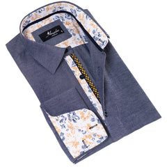 Bluish Slim Fit French Cuff Shirt for Men - Long Sleeve (Floral Design Inside)