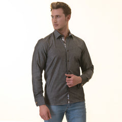 Gray French Cuff Shirt for Men - Long Sleeve, Slim Fit (Tropical Design Inside)