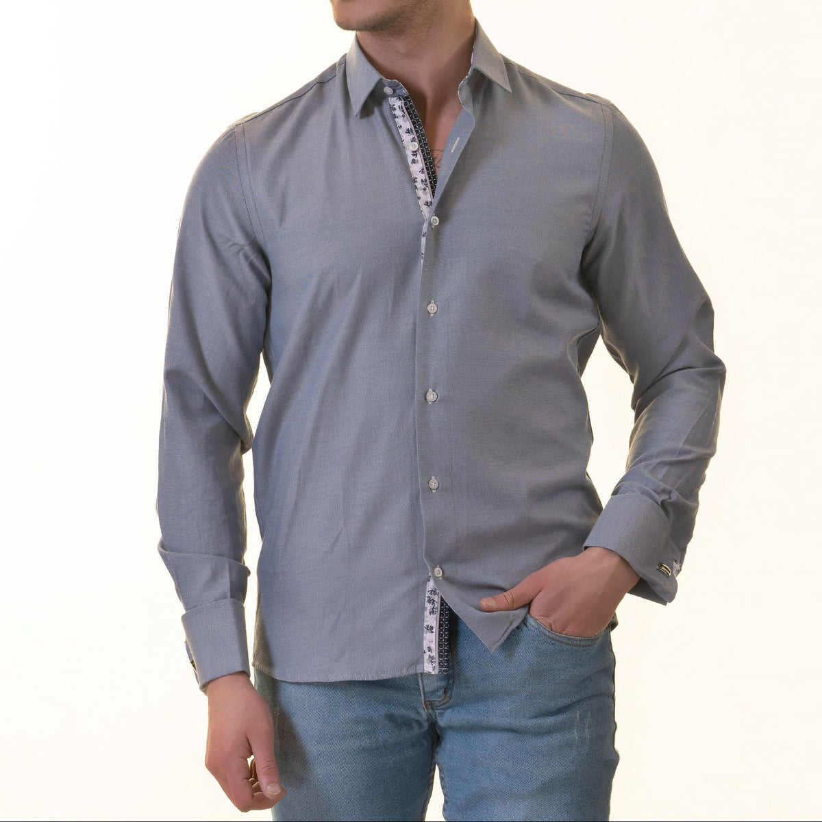 Grayish French Cuff Shirt For Men - Slim Fit, Long Sleeve (Floral Design Inside)