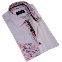 White French Cuff Shirt for Men - Slim Fit Cotton Shirts (Red Floral Inside)