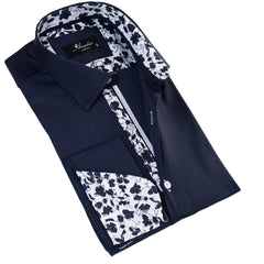 Navy French Cuff Shirt - Men's Slim Fit Long-Sleeved (Floral Design Inside)