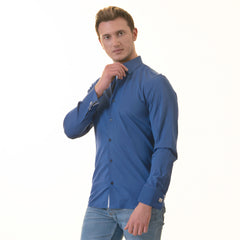 Royal Blue French Double Cuff Shirt -Slim Fit Long-Sleeved Shirt (White Inside)
