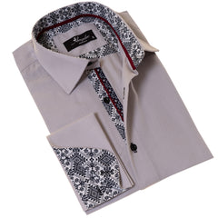 Gray French Double Cuff Shirt - Slim Fit Long-Sleeved Shirt (White Pattern Inside)