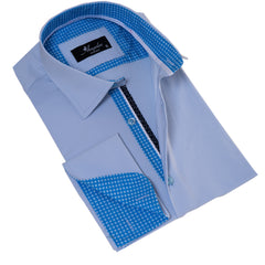 Blue French Cuff Shirt - Slim Fit Long-Sleeved Shirt (Blue White Polka Dot Inside)