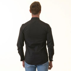 Black French Cuff Shirt - Men's Slim Fit Long-Sleeved (Checkered Design Inside)