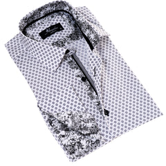 White Polka Dot Printed French Cuff T-Shirt - Men’s Long Sleeve Slim Fit T-Shirt