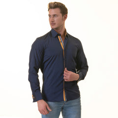 Navy/Yellow Checkered French Cuff T-Shirt - Men’s Long Sleeve Slim Fit T-Shirt