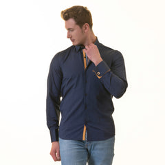 Navy/Yellow Checkered French Cuff T-Shirt - Men’s Long Sleeve Slim Fit T-Shirt