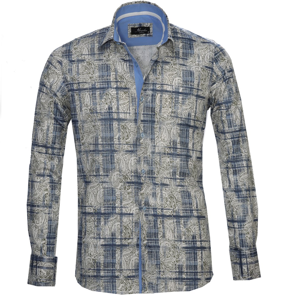 Beige Blue Paisley Mens Slim Fit Designer Dress Shirt - tailored Cotton Shirts for Work and Casual Wear - Amedeo Exclusive