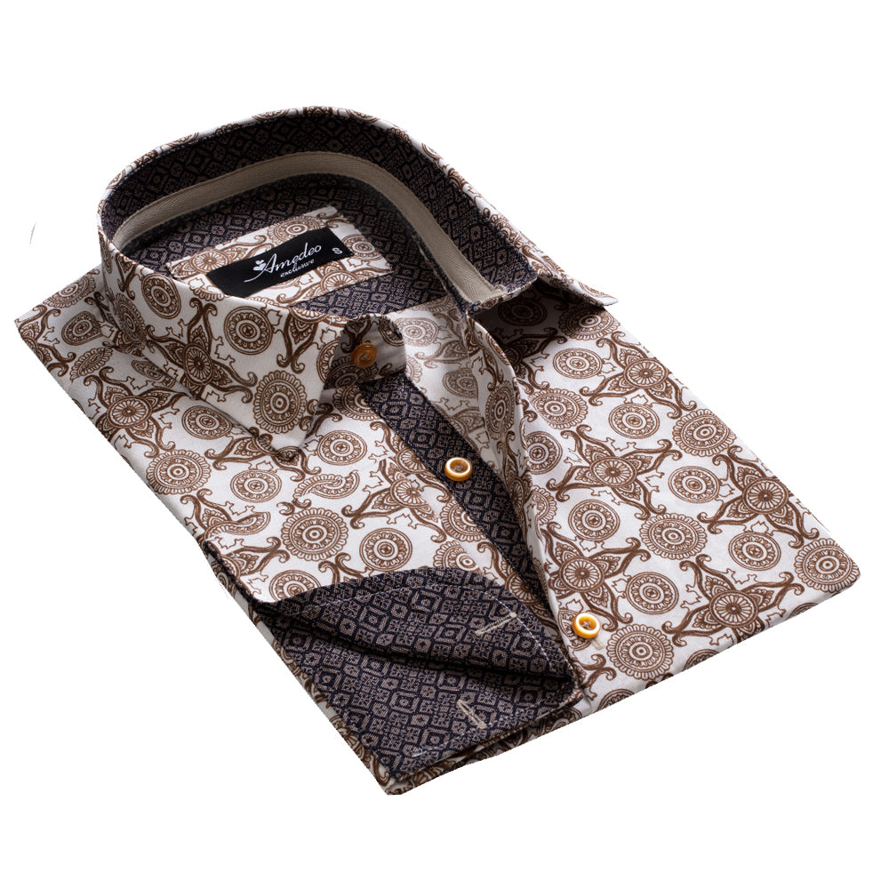 White and Brown Design Mens Slim Fit Designer Dress Shirt - tailored Cotton Shirts for Work and - Amedeo Exclusive