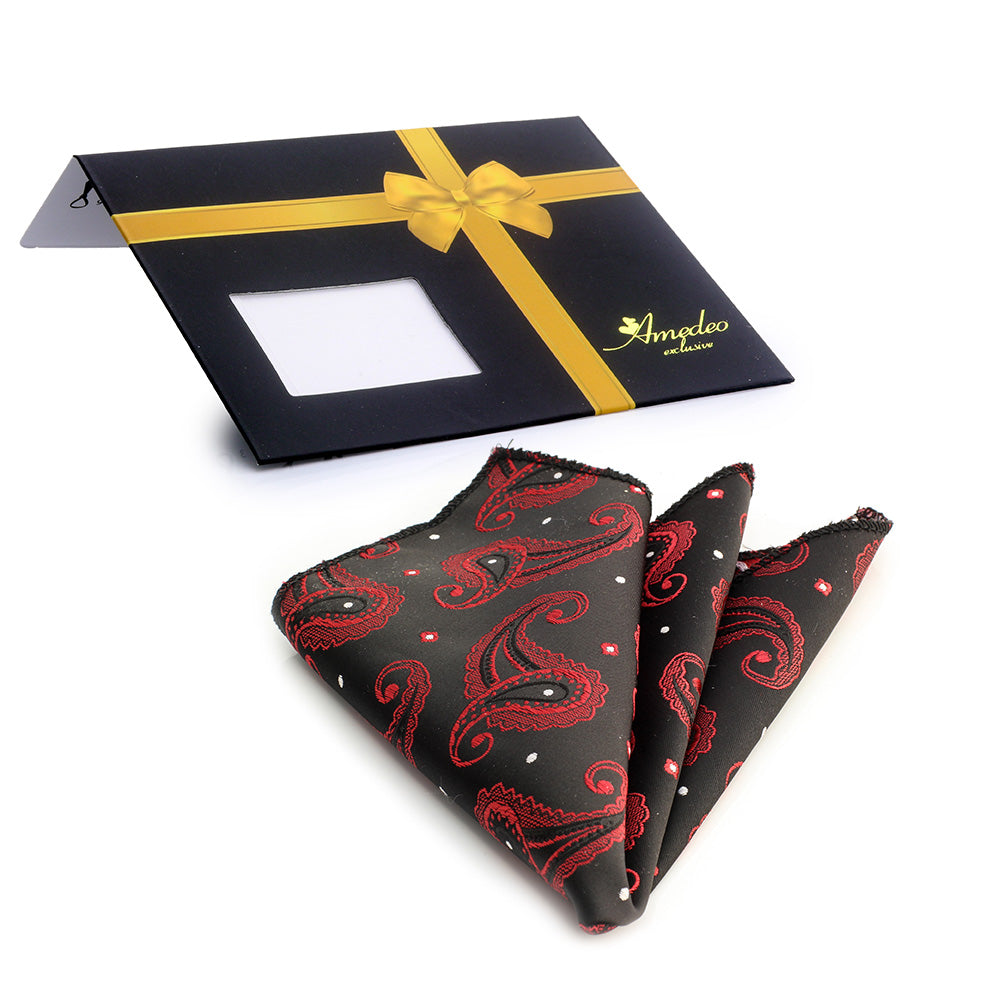 Men's Red Black Paisley Pocket Square Hanky Handkerchief - Amedeo Exclusive