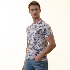 White Navy Floral Premium Crew Neck Short Sleeve T-Shirt - European Made