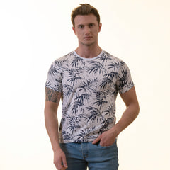 White Navy Floral Premium Crew Neck Short Sleeve T-Shirt - European Made