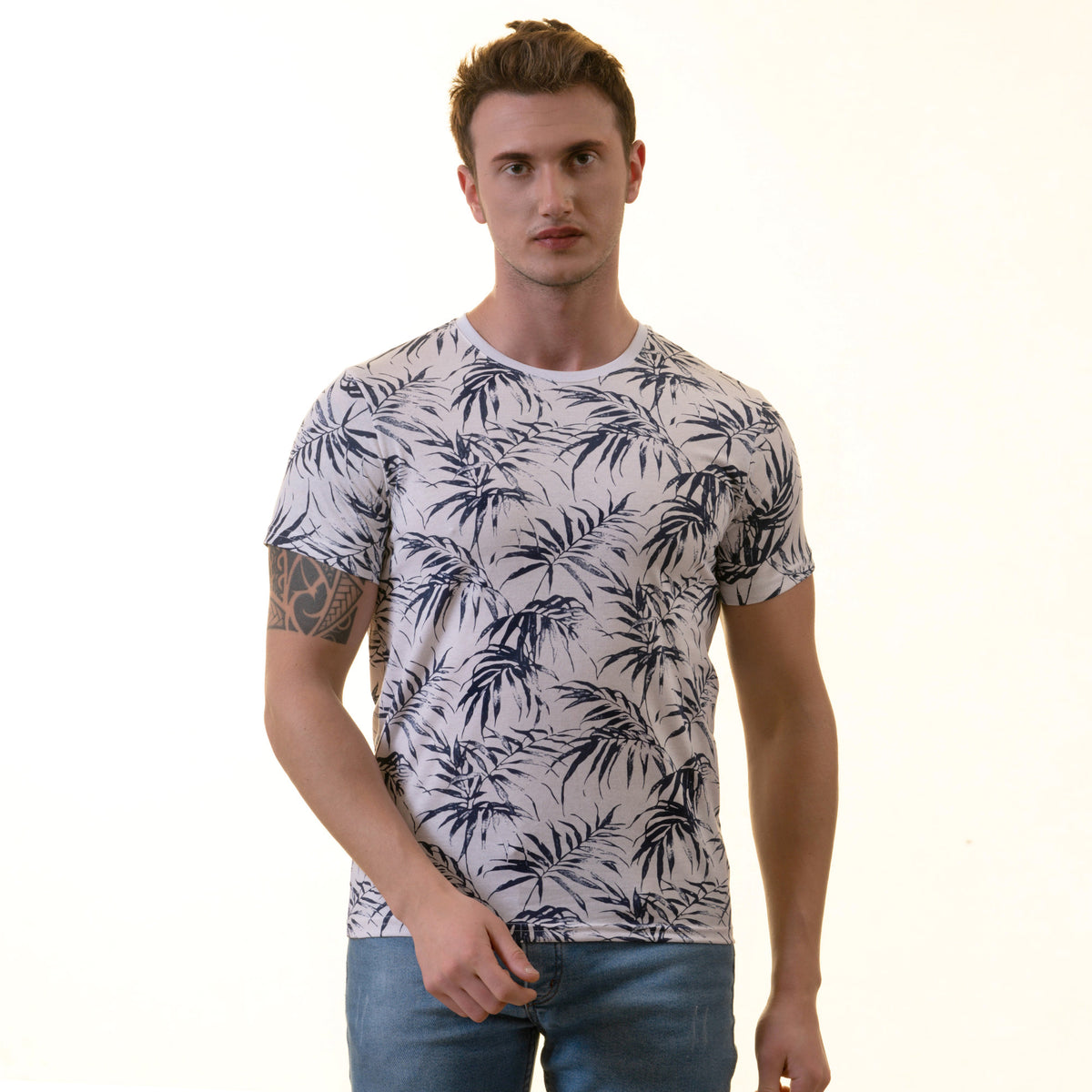 White Navy Floral Premium Crew Neck Short Sleeve T-Shirt - European Made