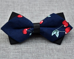 Men's Navy Blue Red Cherries 100% Cotton Pre-Tied Bow Tie - Amedeo Exclusive