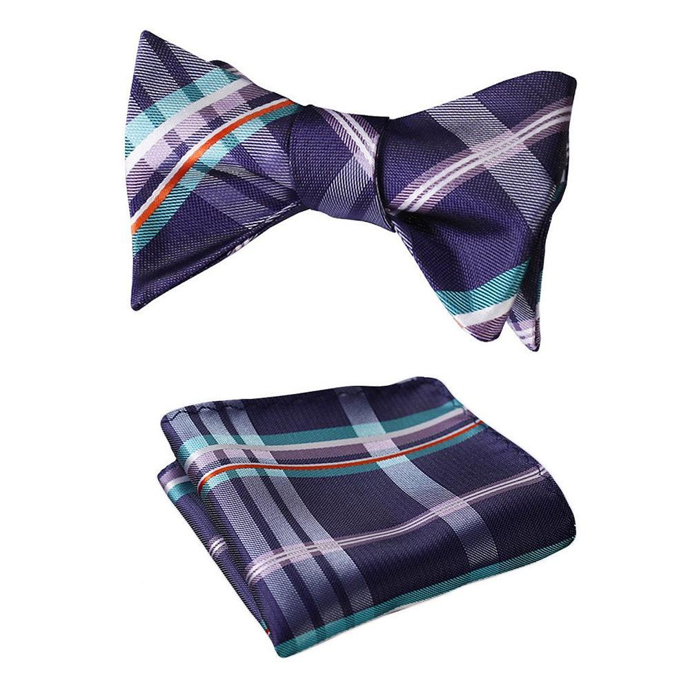 Men's Purple Aqua Orange Check Bow Tie & Pocket Handkerchief - Identical 4 - Amedeo Exclusive