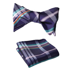 Men's Purple Aqua Orange Check Bow Tie & Pocket Handkerchief - Identical 97 - Amedeo Exclusive