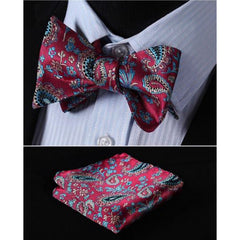 Red Blue Paisley Mens Silk Self tie Bow Tie with Pocket Squares Set - Amedeo Exclusive