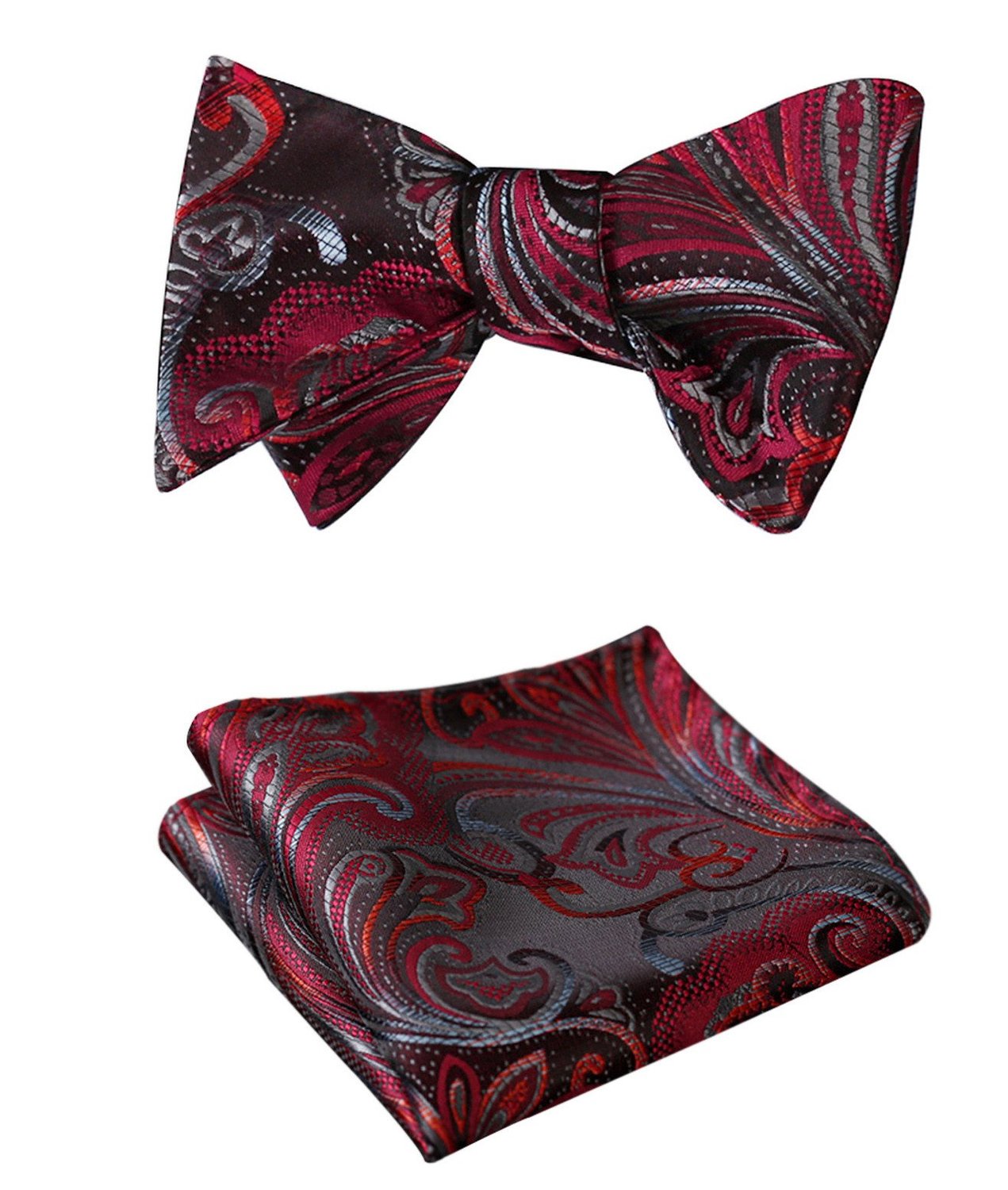 Men's Silk Red Gray Floral Self  Bow Tie Pocket Handkerchief - Amedeo Exclusive