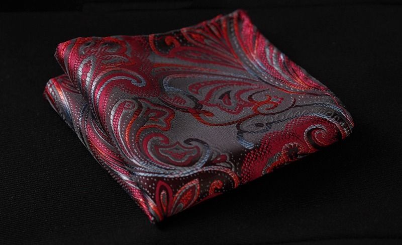 Men's Silk Red Gray Floral Self  Bow Tie Pocket Handkerchief - Amedeo Exclusive