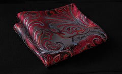 Men's Silk Red Gray Floral Self  Bow Tie Pocket Handkerchief - Amedeo Exclusive