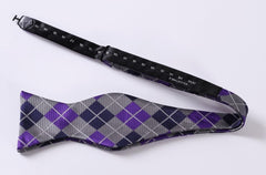 Purple Navy Blue Check Mens Silk Self tie Bow Tie with Pocket Squares Set - Amedeo Exclusive