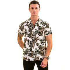 White Printed Tropical Hawaiian Shirt for Men - European Made Summer Wear