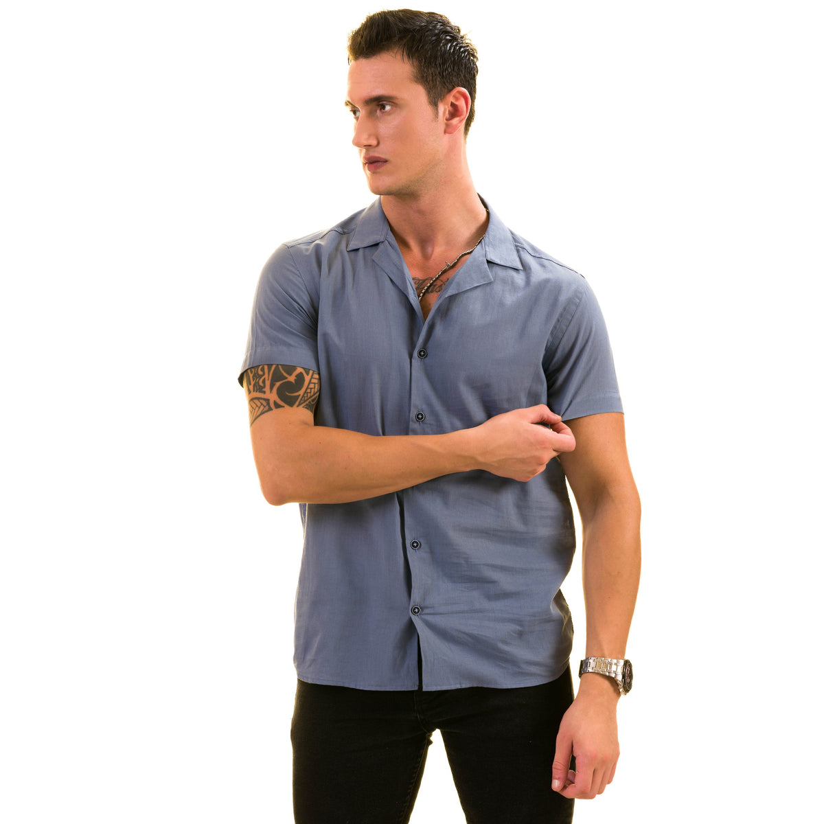 Light Blue Solid Hawaiian Shirt for Men - European Designed Summer Style