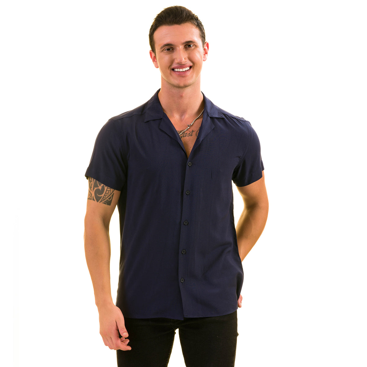 Navy Solid Hawaiian Summer Shirt for Men - European Made & Designed