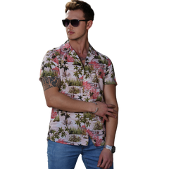 Green Pink Palm Trees Hawaiian Summer Shirt for Men - European Made & Designed