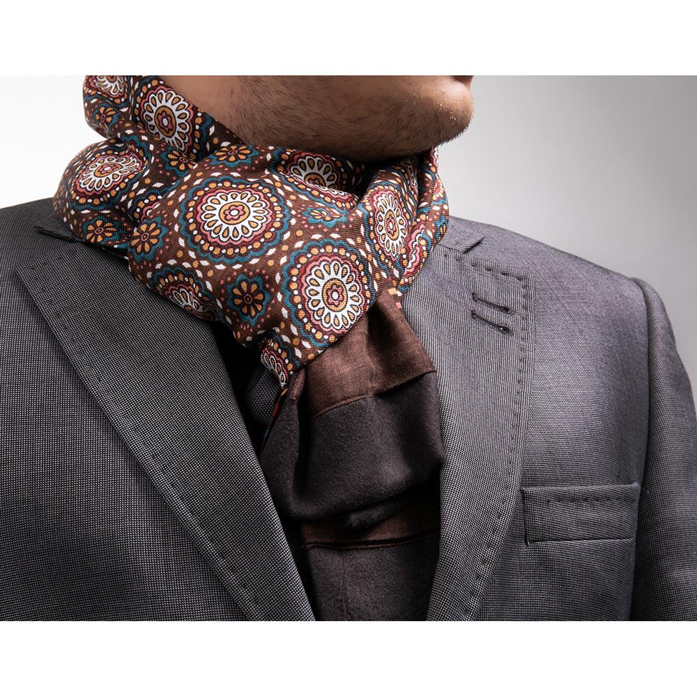 Men Suede Microfiber Soft Brown Floral Scarf - Amedeo Exclusive