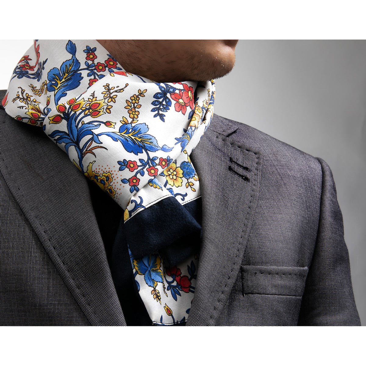Unisex White Multi Color Floral Silk Soft Elegant Long Fashion Scarf - Amedeo Exclusive