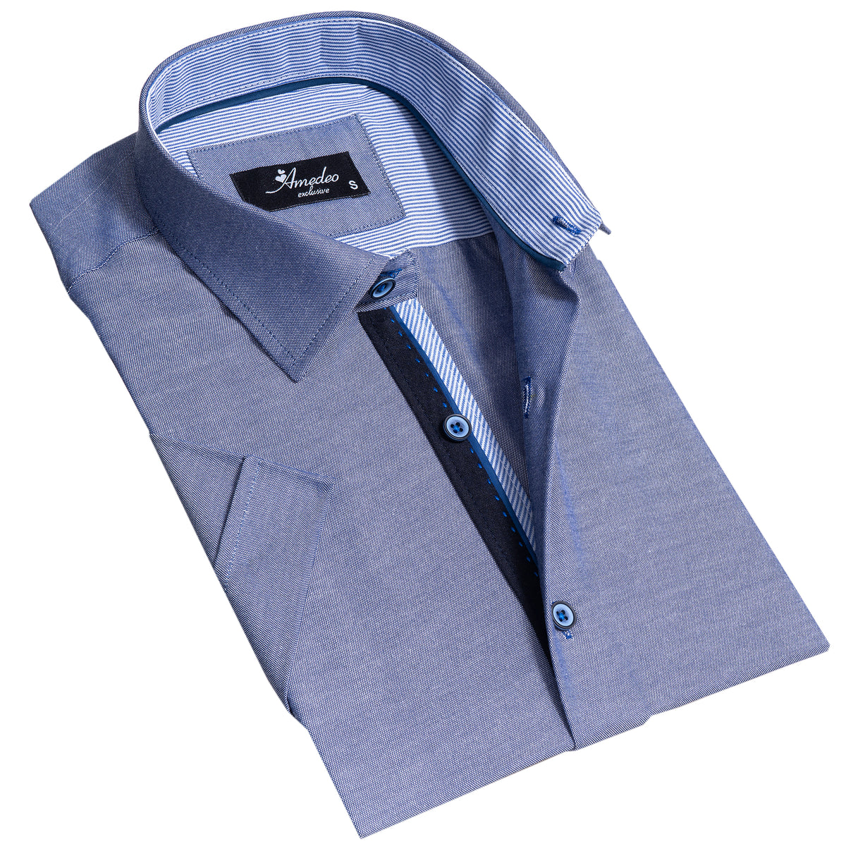 Solid Denim Blue Mens Short Sleeve Button up Shirts - Tailored Slim Fit Cotton Dress Shirts