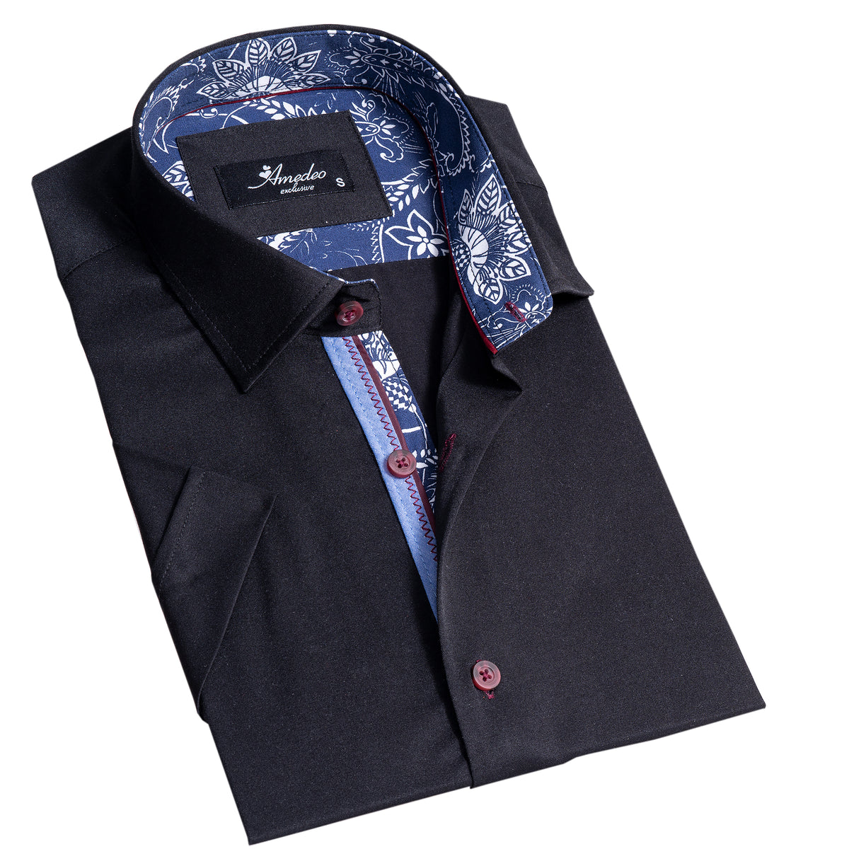 Solid Black Mens Short Sleeve Button up Shirts - Tailored Slim Fit Cotton Dress Shirts