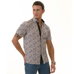 Black & White Paisley Short Sleeve Button-Up Shirt, Slim Fit Cotton Dress Shirt
