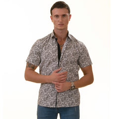 Black & White Paisley Short Sleeve Button-Up Shirt, Slim Fit Cotton Dress Shirt