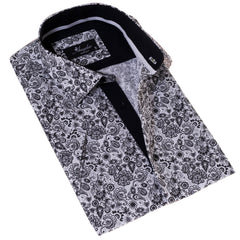 Black & White Paisley Short Sleeve Button-Up Shirt, Slim Fit Cotton Dress Shirt