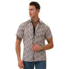 Black & White Paisley Short Sleeve Button-Up Shirt, Slim Fit Cotton Dress Shirt