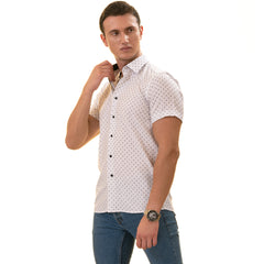 White with Black Printed Paisley Short Sleeve Button-Up Shirt - Slim Fit Cotton