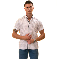 White with Black Printed Paisley Short Sleeve Button-Up Shirt - Slim Fit Cotton