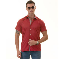 Red with Burgundy Interior Paisley Short Sleeve Button-Up Shirt - Slim Fit Cotton