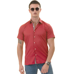 Red with Burgundy Interior Paisley Short Sleeve Button-Up Shirt - Slim Fit Cotton
