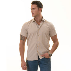 Beige Inside Different Paisley Short Sleeve Button-Up Shirt - Slim Fit Cotton