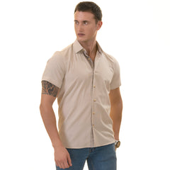 Beige Inside Different Paisley Short Sleeve Button-Up Shirt - Slim Fit Cotton