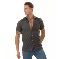 Navy Mustard Designer Paisley Short Sleeve Button-Up Shirt - Slim Fit Cotton