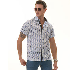 Blue & Navy Leaves Paisley Short Sleeve Button-Up Shirt - Slim Fit Cotton