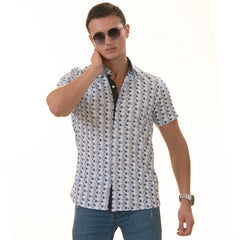 Blue & Navy Leaves Paisley Short Sleeve Button-Up Shirt - Slim Fit Cotton