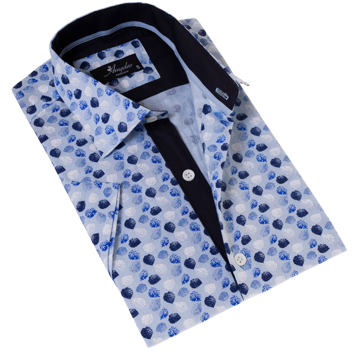 Blue & Navy Leaves Paisley Short Sleeve Button-Up Shirt - Slim Fit Cotton