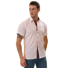White Burgundy Paisley Slim Fit Short Sleeve Cotton Printed Button-Up Shirt